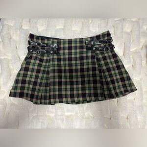 Vintage Morbid Threads Plaid Mini Skirt with Faux Leather Buckle Accents, Y2K